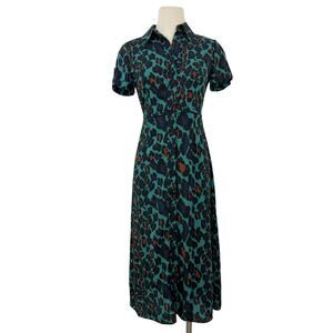 Diane von Furstenberg Georgia Shirt Midi Dress Leopard Print Green XS